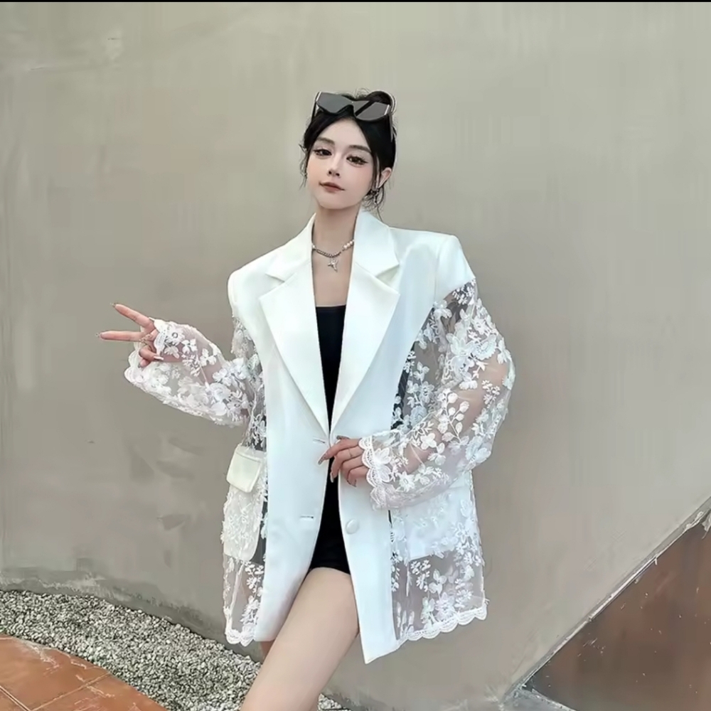 Fashion Floating Flower Design PerspectivePatchwork Blazer Women's Lapel Loose - Picture 4 of 6